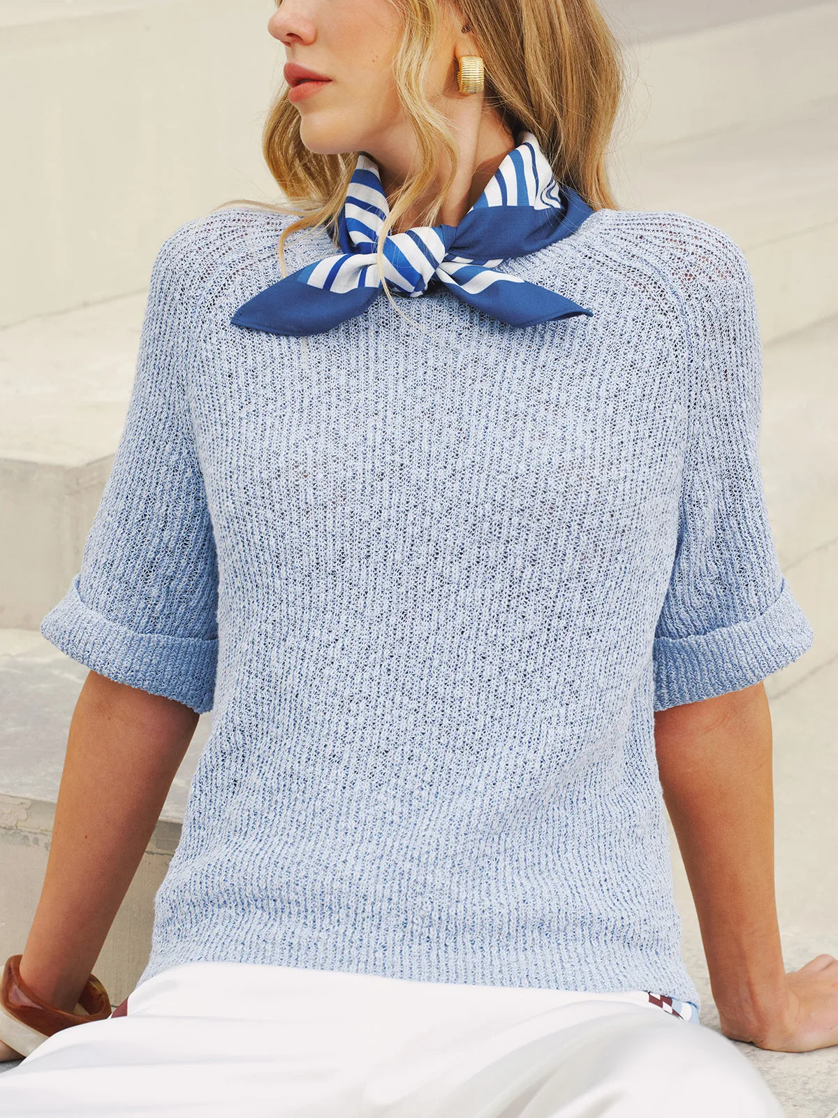 Open Knit Short Sleeve Sweater with Striped Scarf sold by COMMENSE product image thumbnail 4