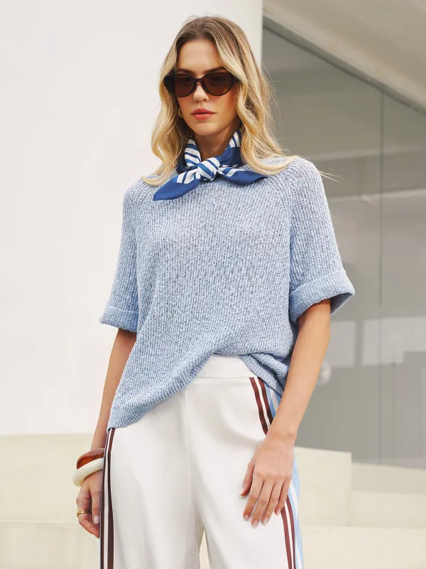 Open Knit Short Sleeve Sweater with Striped Scarf sold by COMMENSE