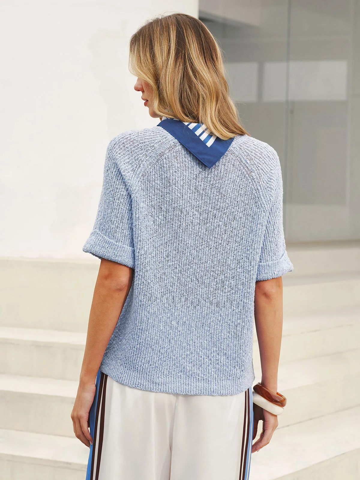 Open Knit Short Sleeve Sweater with Striped Scarf sold by COMMENSE product image thumbnail 5