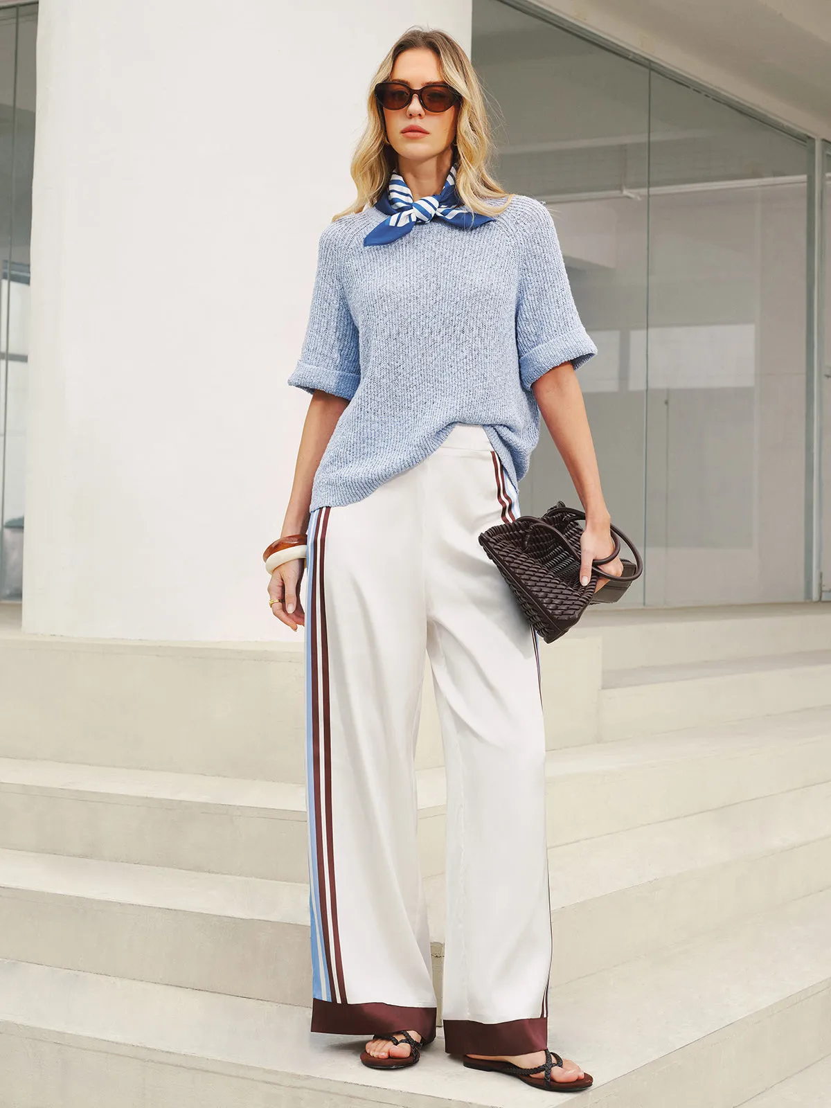 Open Knit Short Sleeve Sweater with Striped Scarf sold by COMMENSE product image thumbnail 2