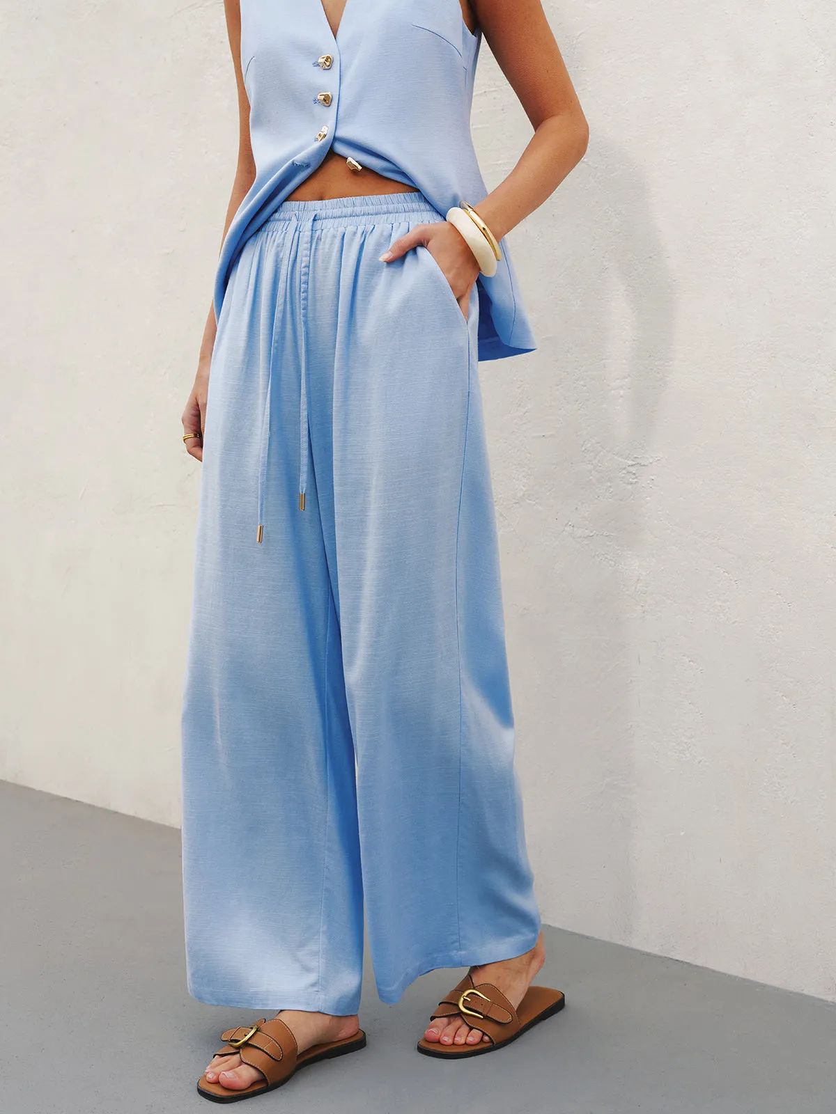 Linen Blend Vest & Wide-Leg Pants Set sold by COMMENSE product image thumbnail 4