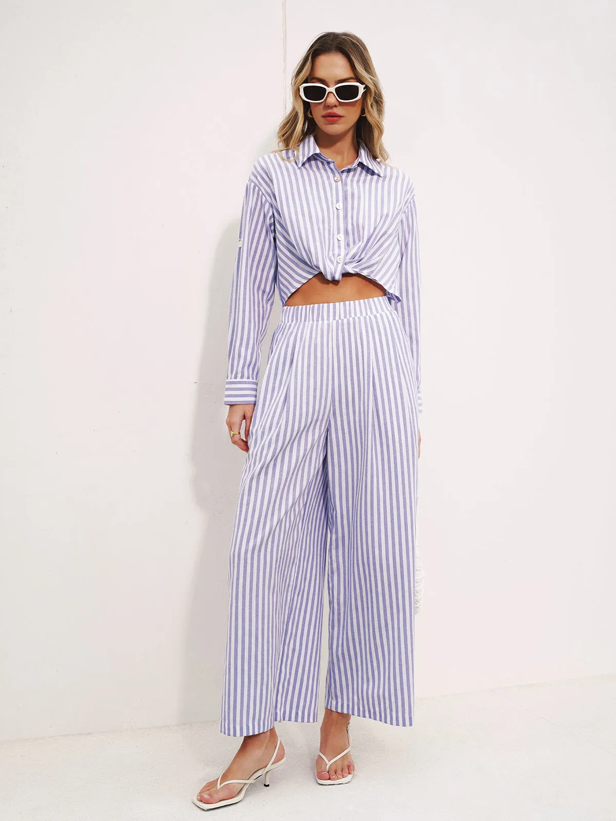 Striped Collared Wide-Leg Jumpsuit sold by COMMENSE product image thumbnail 4