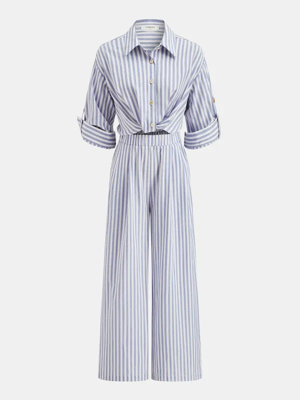 Striped Collared Wide-Leg Jumpsuit sold by COMMENSE