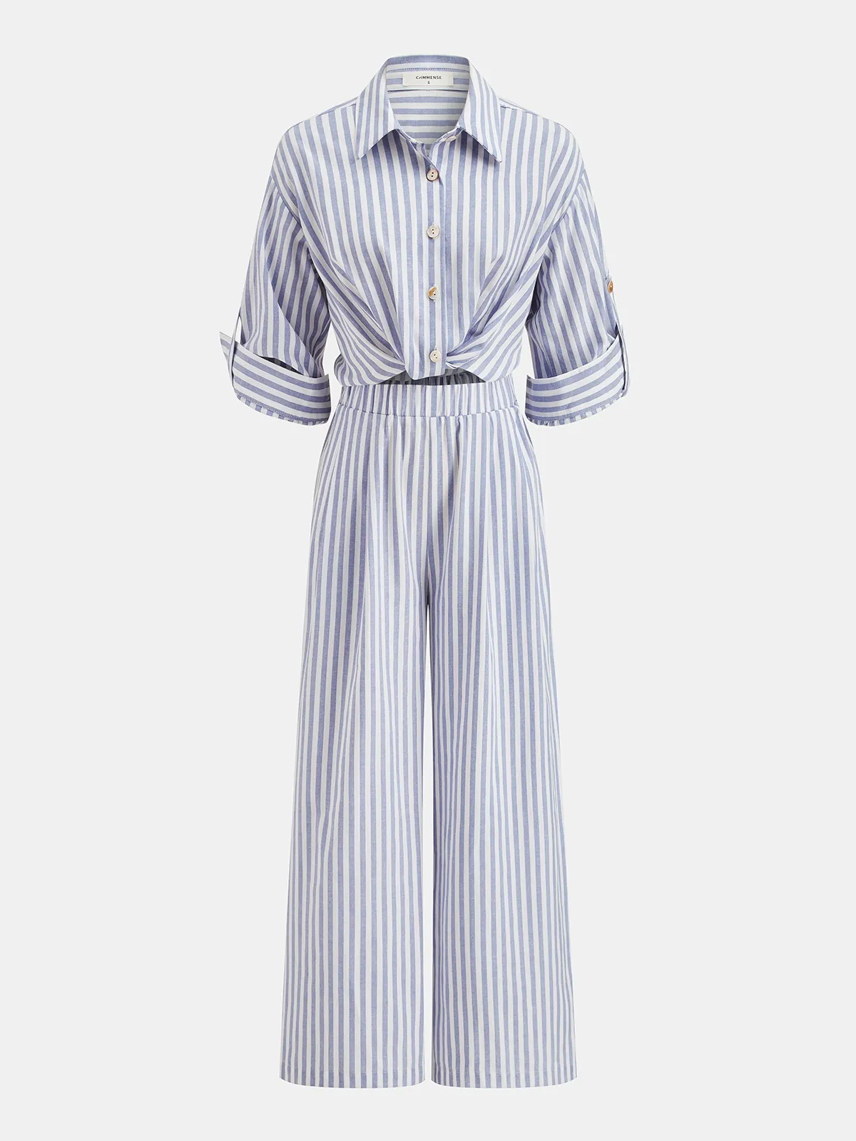 Striped Collared Wide-Leg Jumpsuit sold by COMMENSE