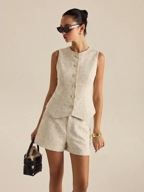 Tweed Buttoned Vest & Mini Shorts Set made by COMMENSE
