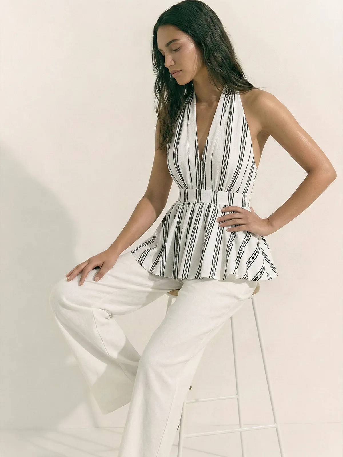 Cotton Striped Halter Peplum Tank Top sold by COMMENSE