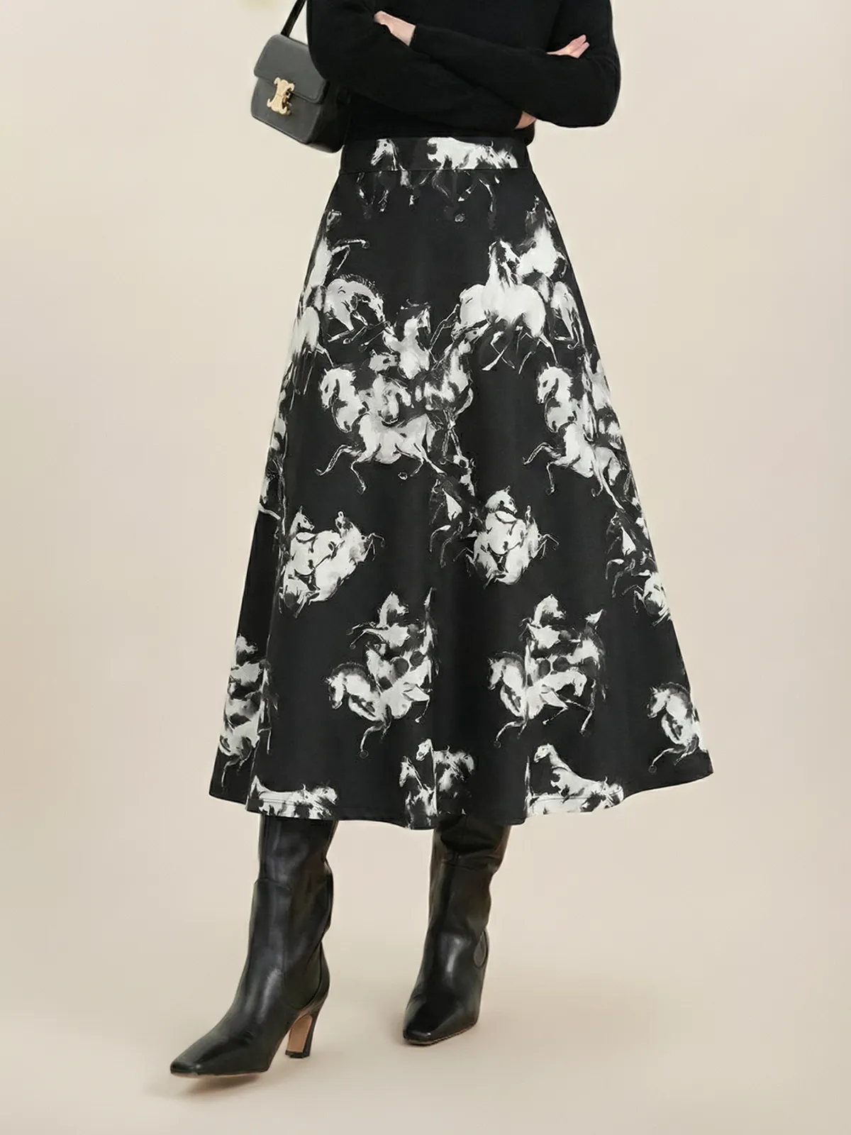 Ink Horse Print A-Line Midi Skirt sold by COMMENSE