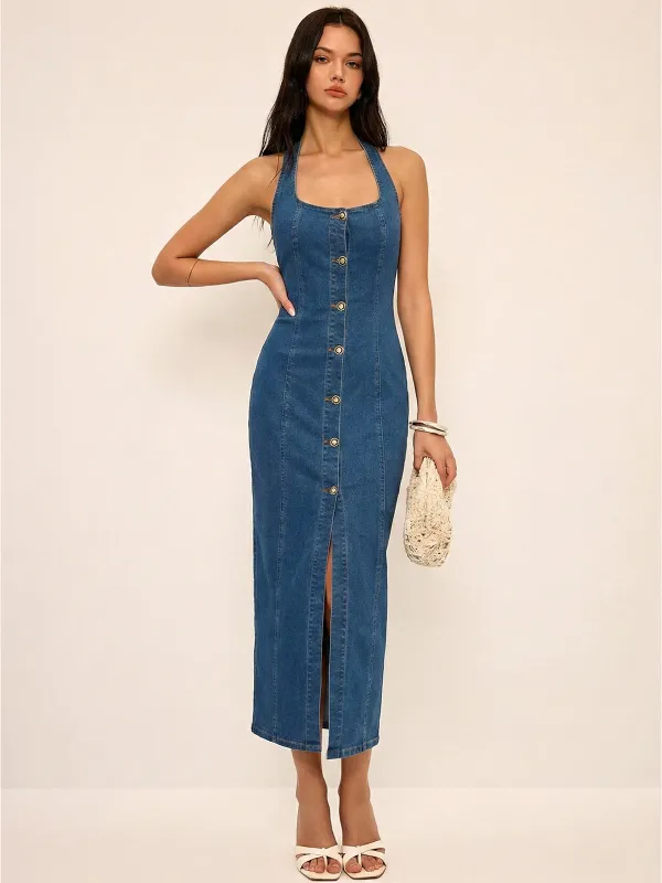Denim Halter Button Front Maxi Dress made by COMMENSE