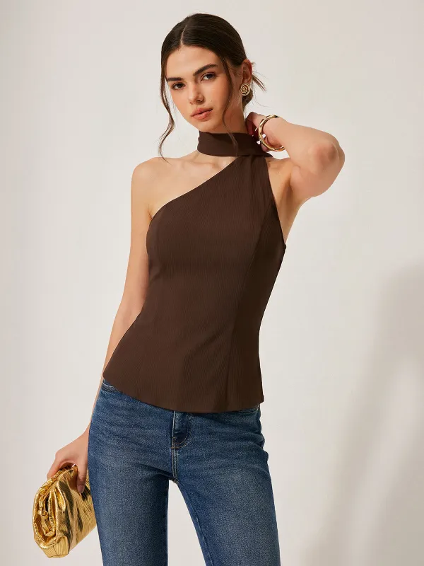 One-Shoulder Halter Tie Fitted Top made by COMMENSE