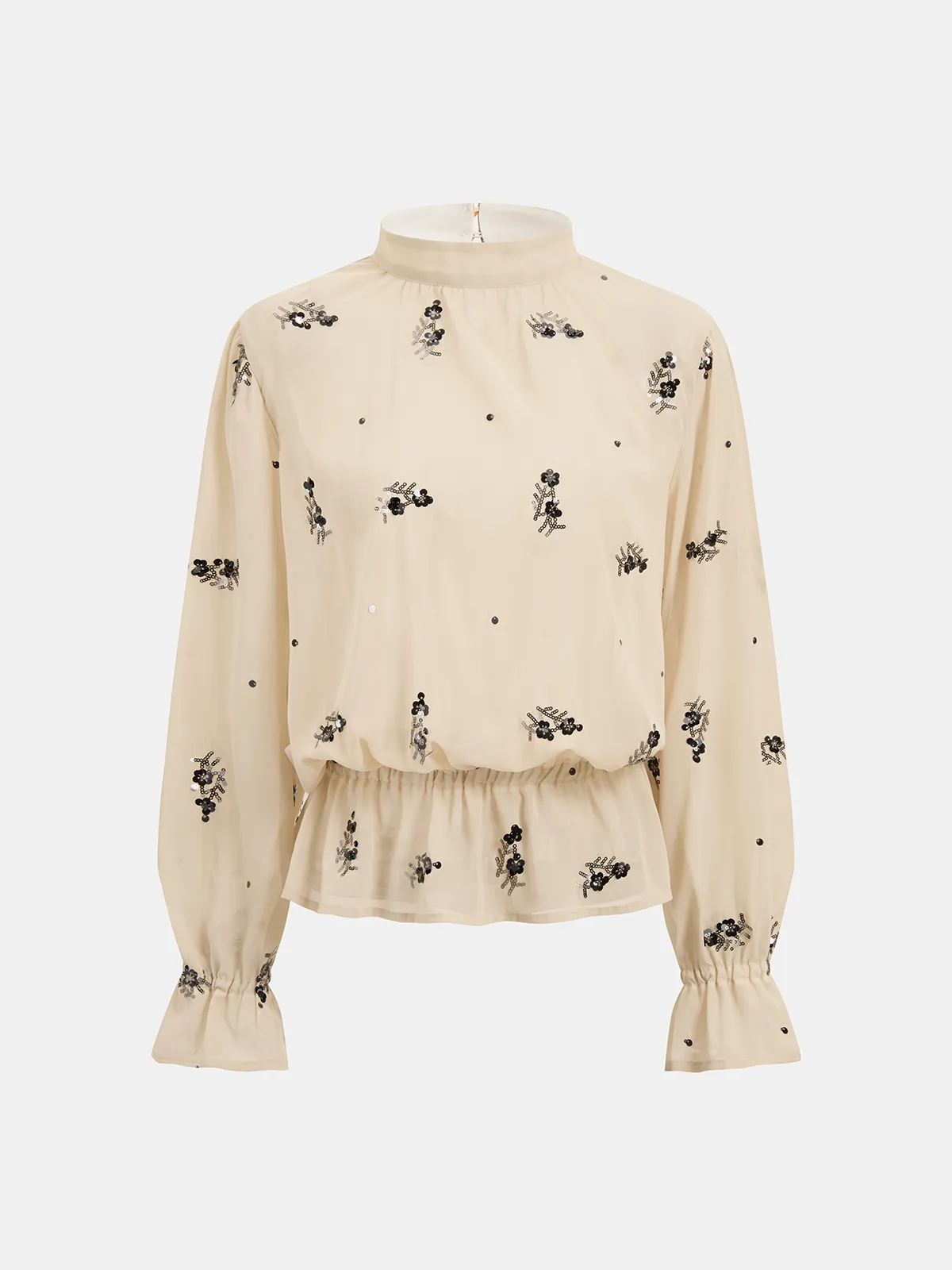 Sequin Floral Mock Neck Smocked Waist Blouse sold by COMMENSE product image thumbnail 2