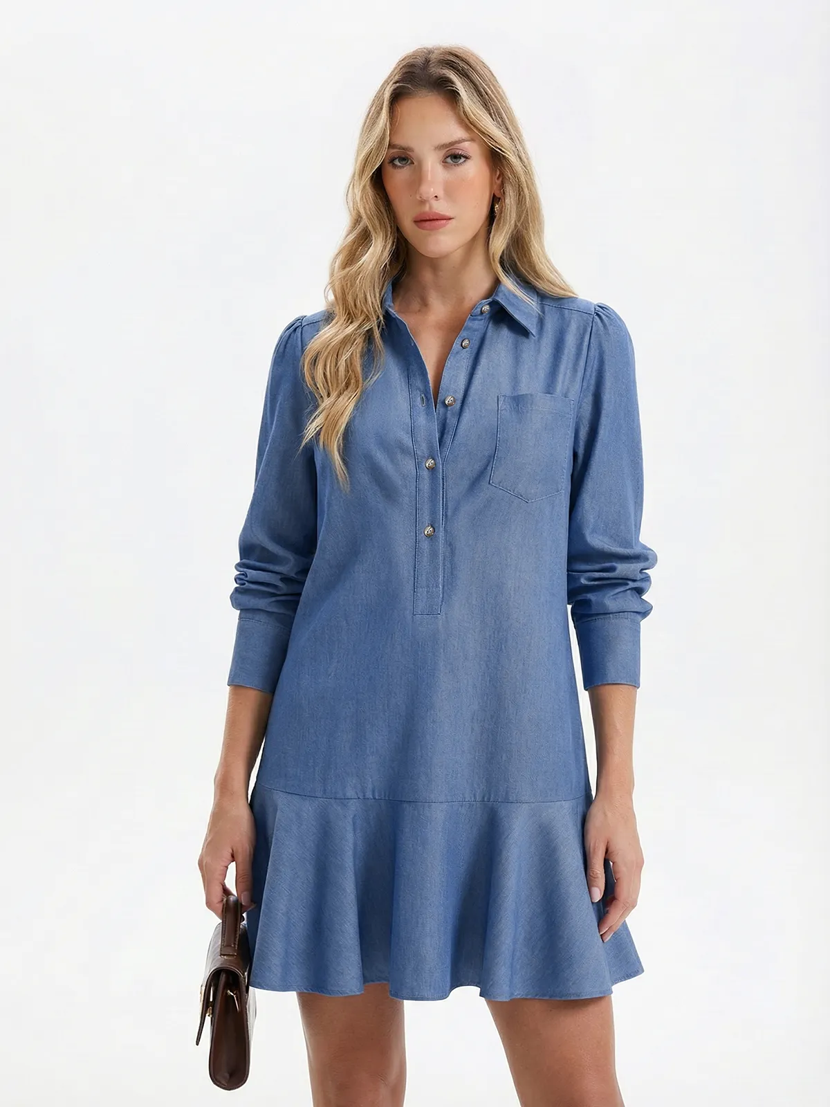 Denim Ruffle Hem Shirt Dress sold by COMMENSE