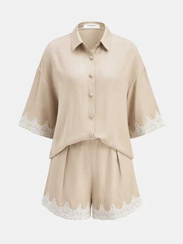 Linen Blend Lace Trim Shirt & Shorts Set made by COMMENSE