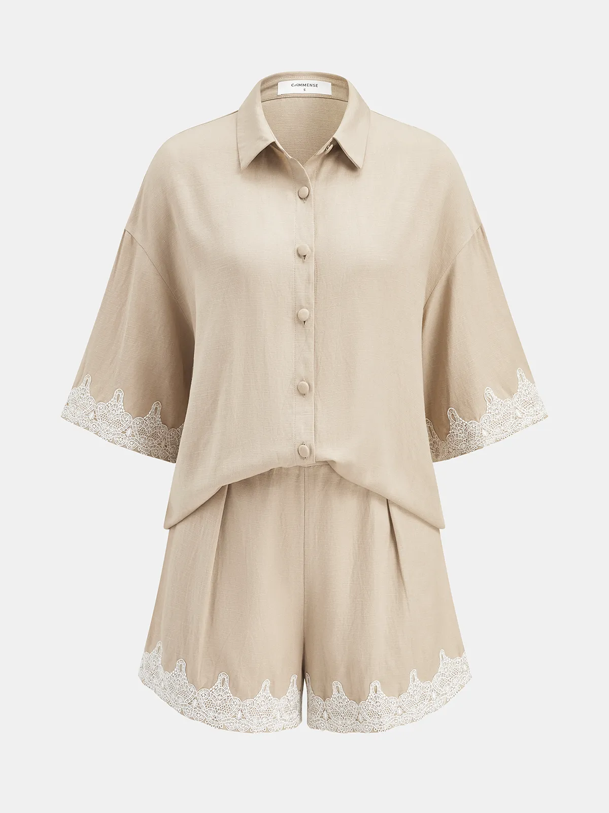 Linen Blend Lace Trim Shirt & Shorts Set sold by COMMENSE