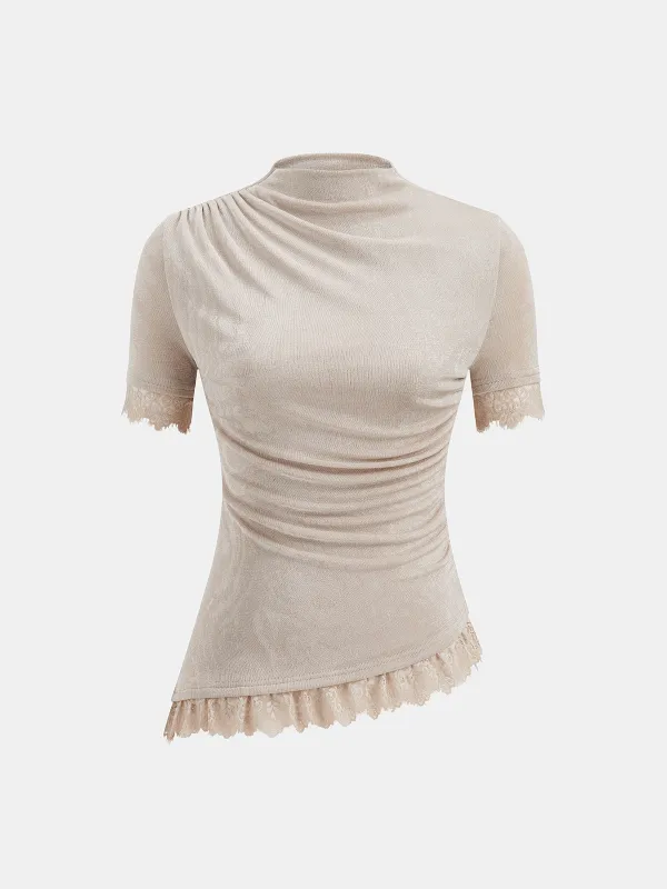 Mock Neck Ruched Lace Trim Top sold by COMMENSE