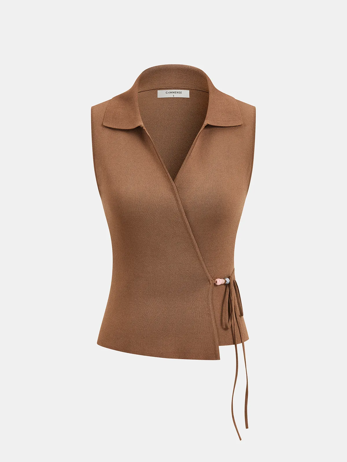 Collared Wrap Tie Sleeveless Knit Top sold by COMMENSE