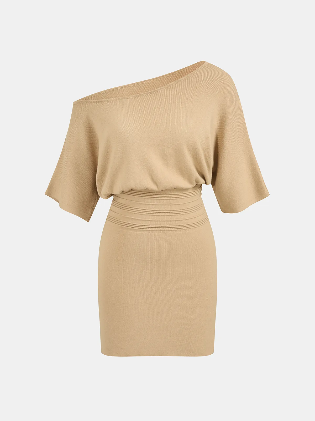 Off-Shoulder Cinched Waist Knit Dress sold by COMMENSE