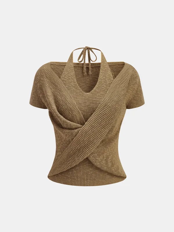Halter Wrap Short Sleeve Knit Top made by COMMENSE