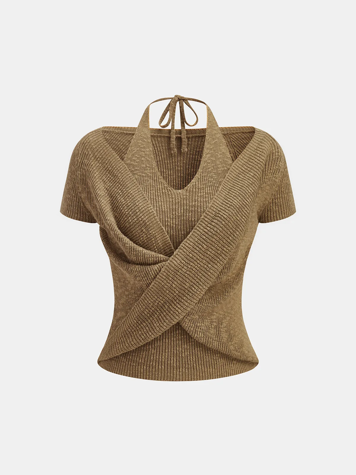 Halter Wrap Short Sleeve Knit Top sold by COMMENSE