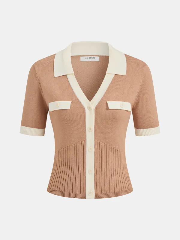 Collared Contrast Trim Button-Front Knit Top made by COMMENSE