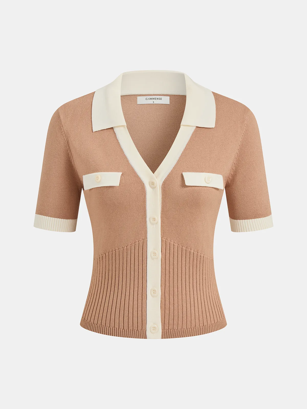 Collared Contrast Trim Button-Front Knit Top sold by COMMENSE