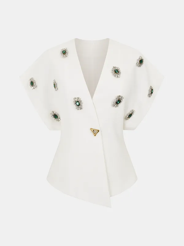 Jeweled Short Sleeve V-Neck Top made by COMMENSE