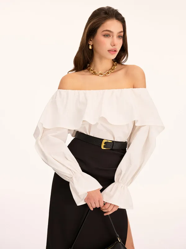 Off Shoulder Ruffled Cotton Long Sleeve Blouse made by COMMENSE