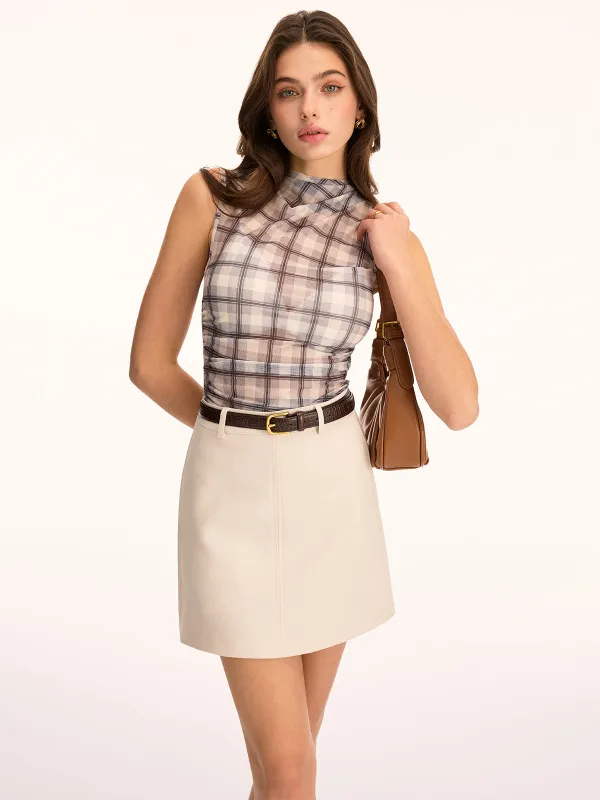 Plaid Sheer Mock Neck Sleeveless Tank Top sold by COMMENSE