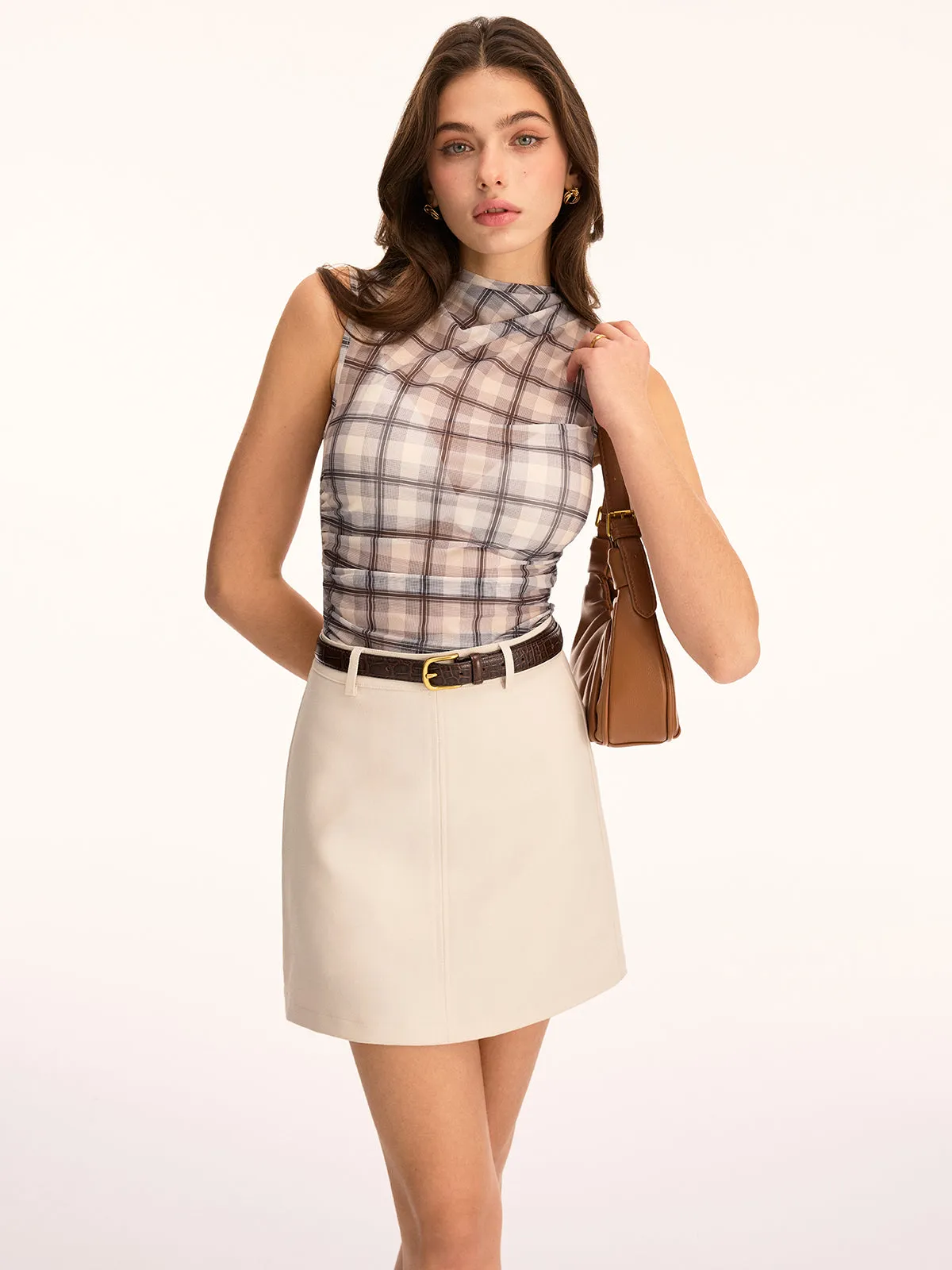 Plaid Sheer Mock Neck Sleeveless Tank Top sold by COMMENSE