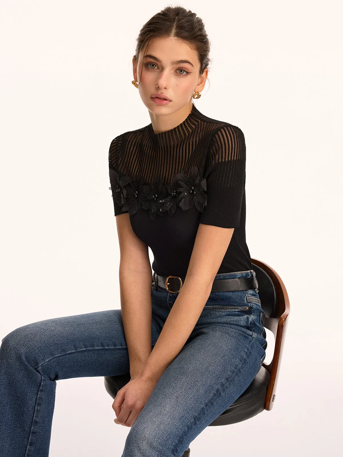 3D Floral Applique Sheer Mock Neck Knit Top sold by COMMENSE product image thumbnail 2