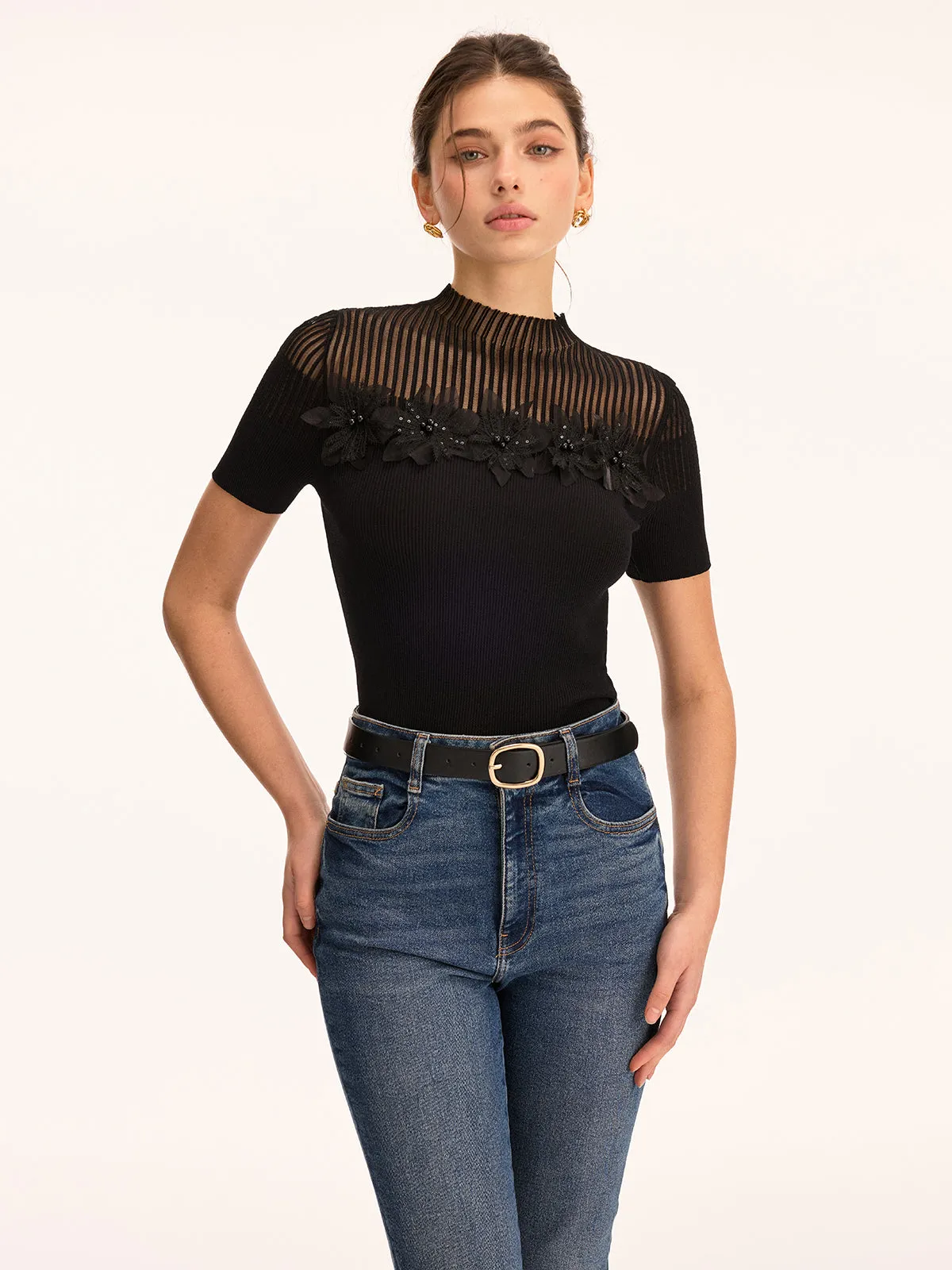 3D Floral Applique Sheer Mock Neck Knit Top sold by COMMENSE product image thumbnail 3