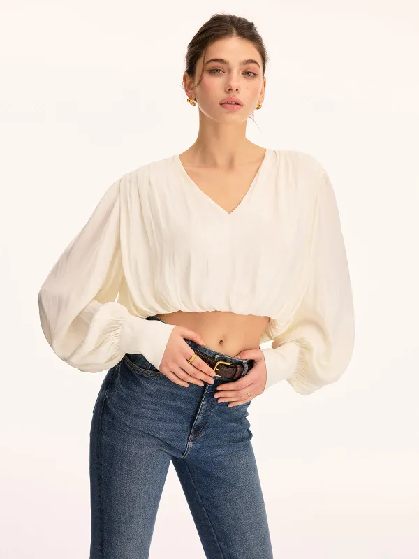 V Neck Puff Sleeve Cropped Blouse made by COMMENSE