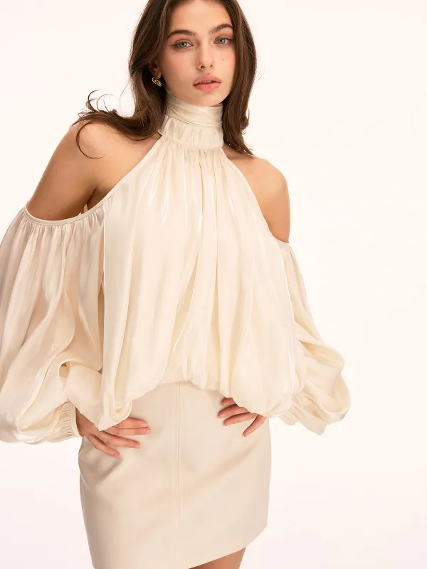 Cold Shoulder Halter Puff Sleeve Blouse sold by COMMENSE