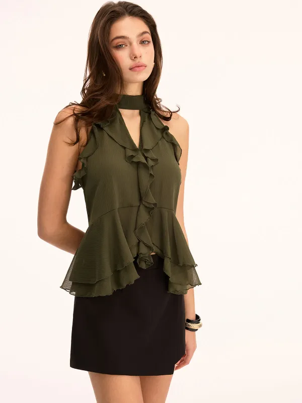 Ruffled Halter Peplum Chiffon Top sold by COMMENSE