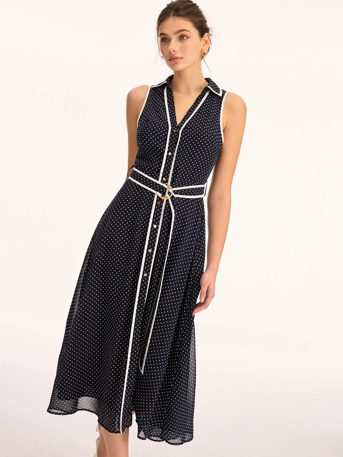 Polka Dot Belted Sleeveless Maxi Dress sold by COMMENSE product image thumbnail 2