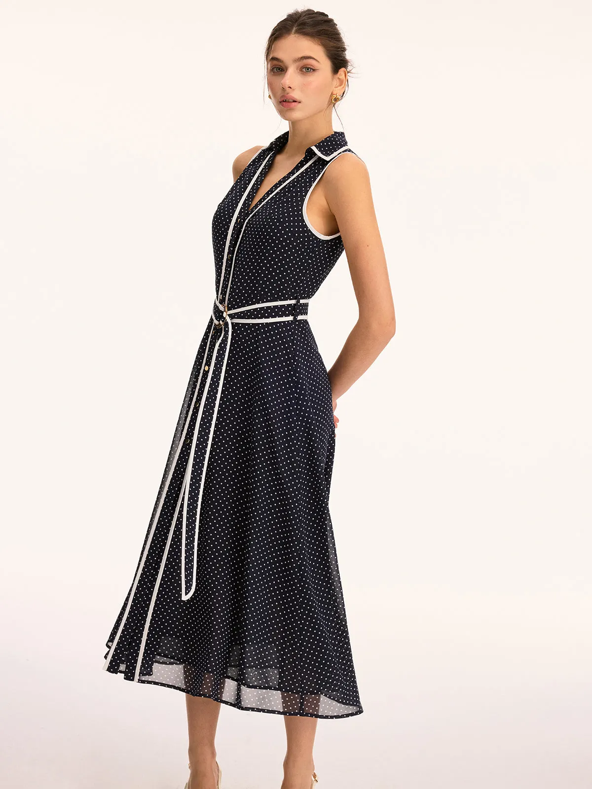 Polka Dot Belted Sleeveless Maxi Dress sold by COMMENSE product image thumbnail 3