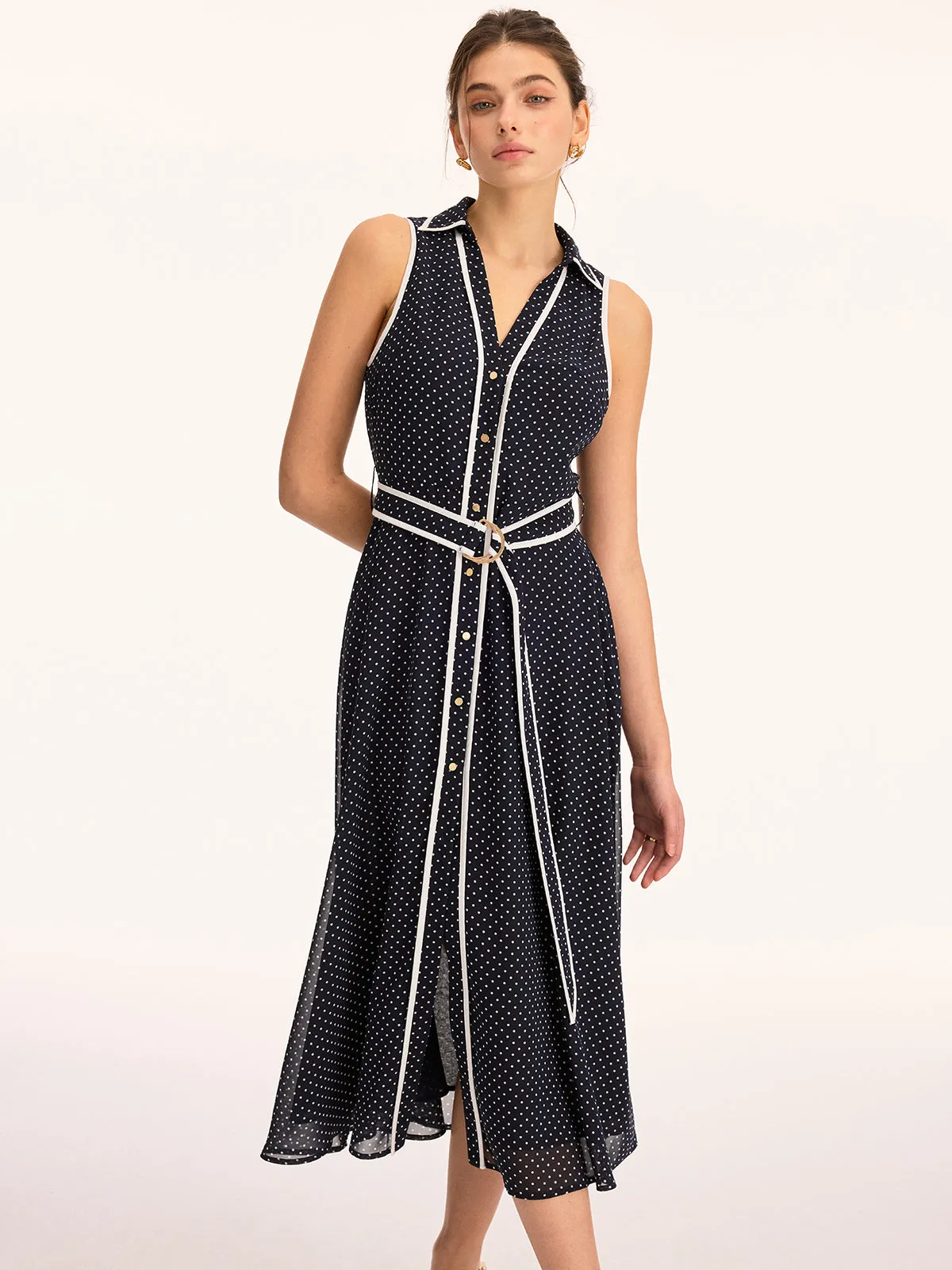 Polka Dot Belted Sleeveless Maxi Dress sold by COMMENSE product image thumbnail 4