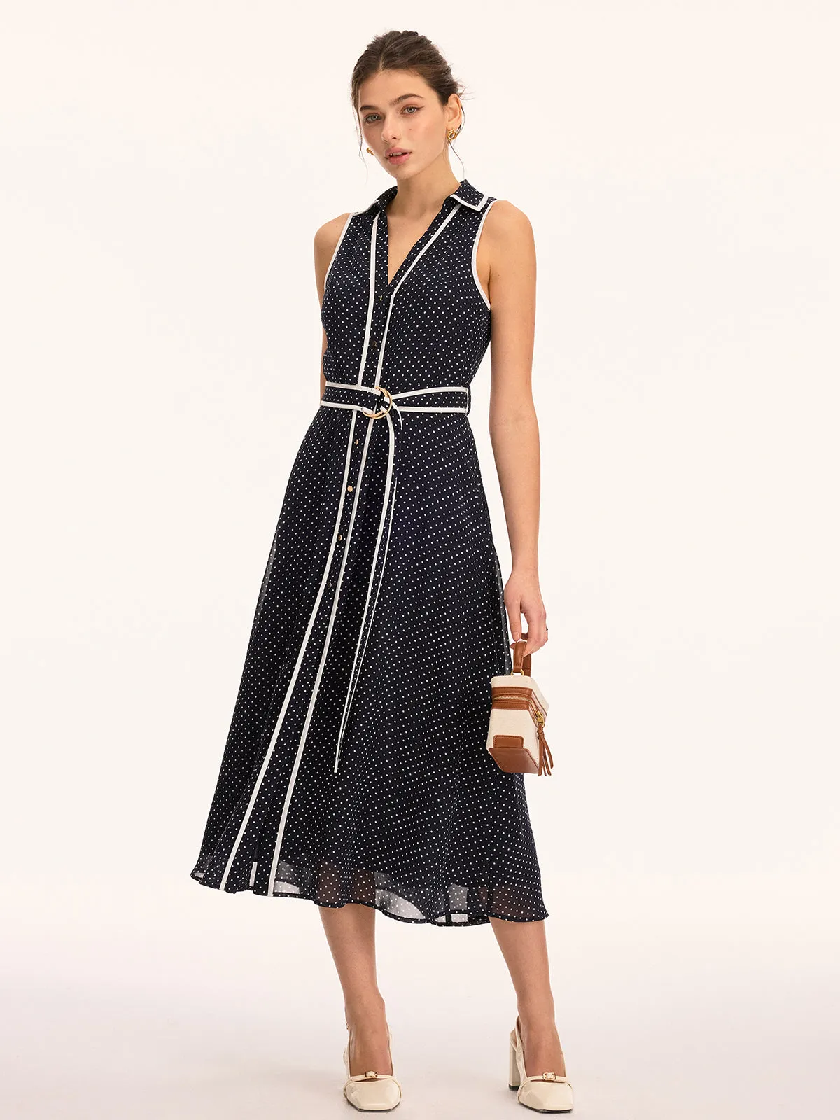 Polka Dot Belted Sleeveless Maxi Dress sold by COMMENSE