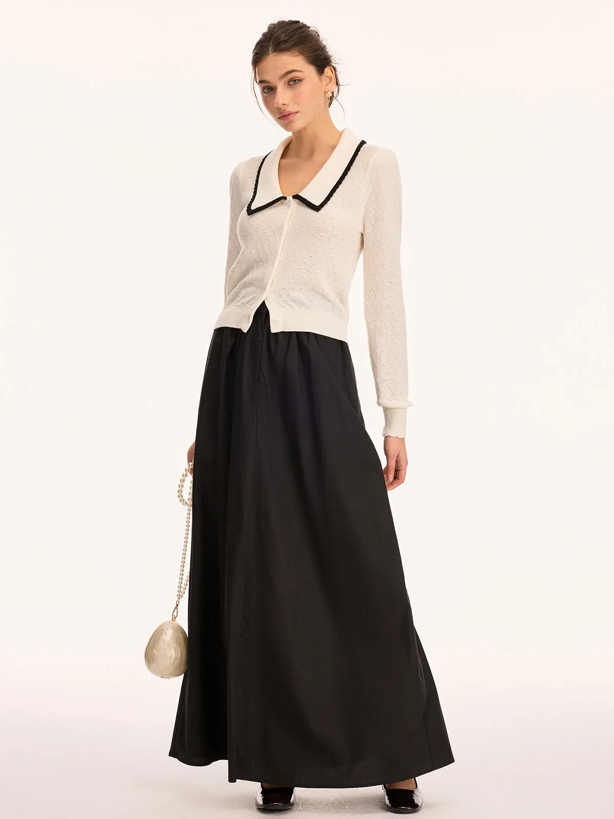 Wool Blend Collared Pointelle Knit Cardigan sold by COMMENSE product image thumbnail 3