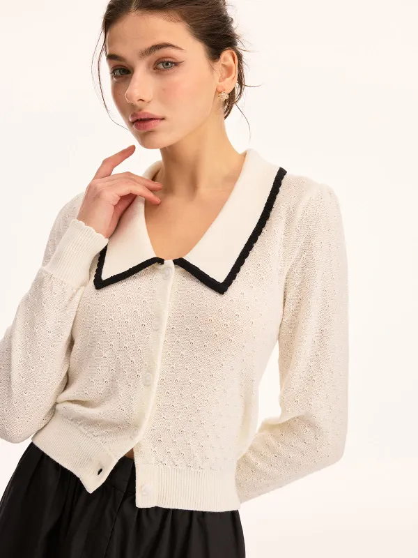 Wool Blend Collared Pointelle Knit Cardigan made by COMMENSE