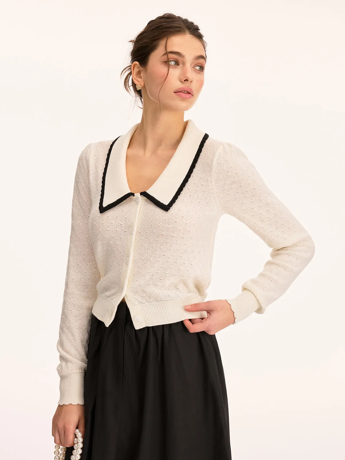 Wool Blend Collared Pointelle Knit Cardigan sold by COMMENSE product image thumbnail 5