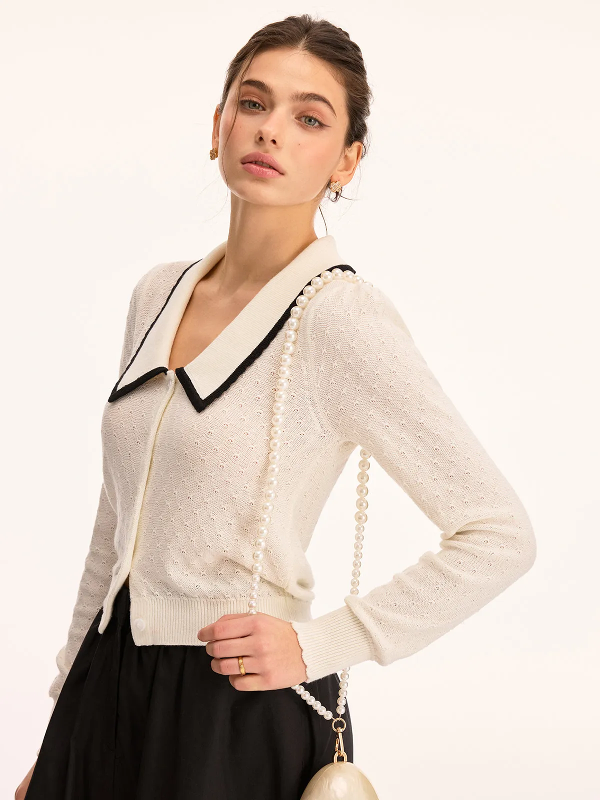 Wool Blend Collared Pointelle Knit Cardigan sold by COMMENSE product image thumbnail 2