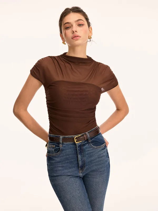 Mesh Ruched Mock Neck Top sold by COMMENSE