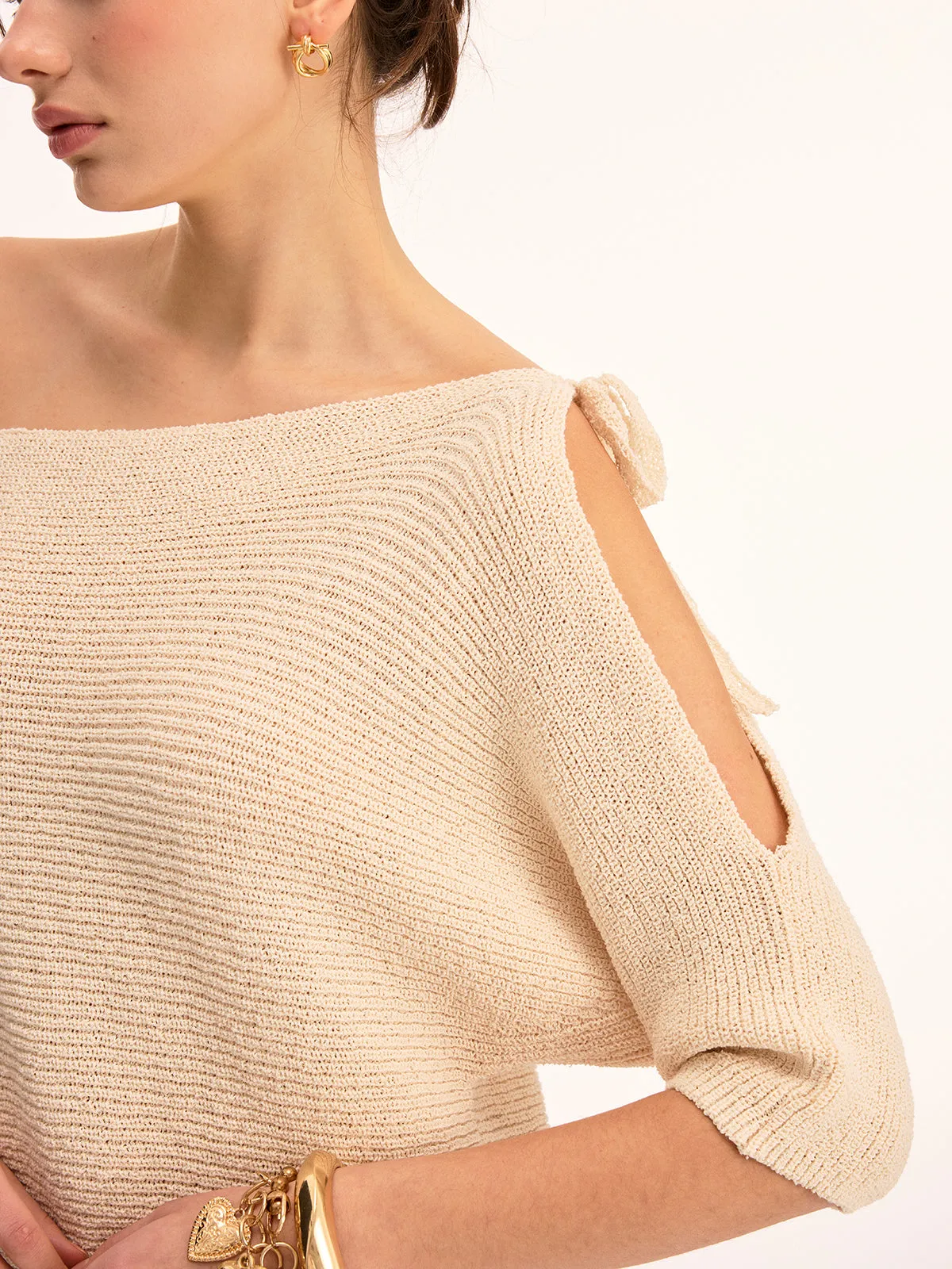 Asymmetrical Lace Trim Boat Neck Knit Top sold by COMMENSE product image thumbnail 4