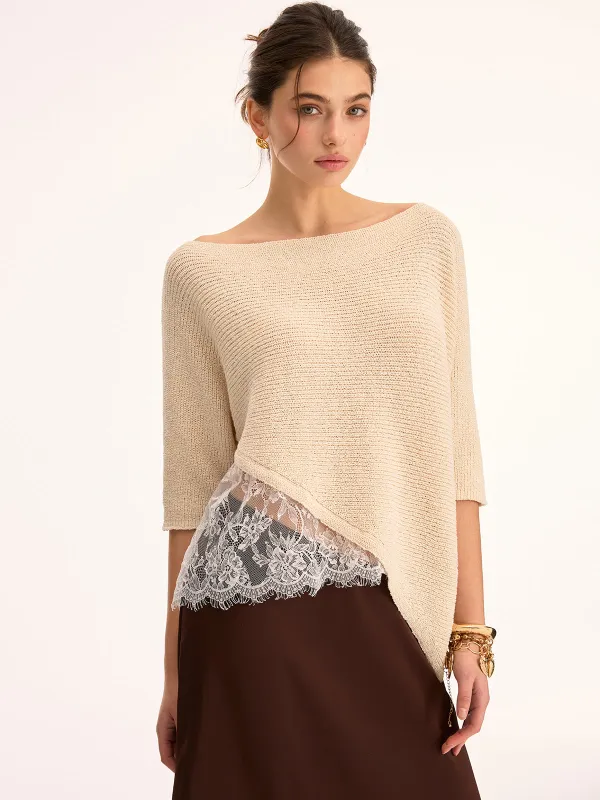 Asymmetrical Lace Trim Boat Neck Knit Top sold by COMMENSE