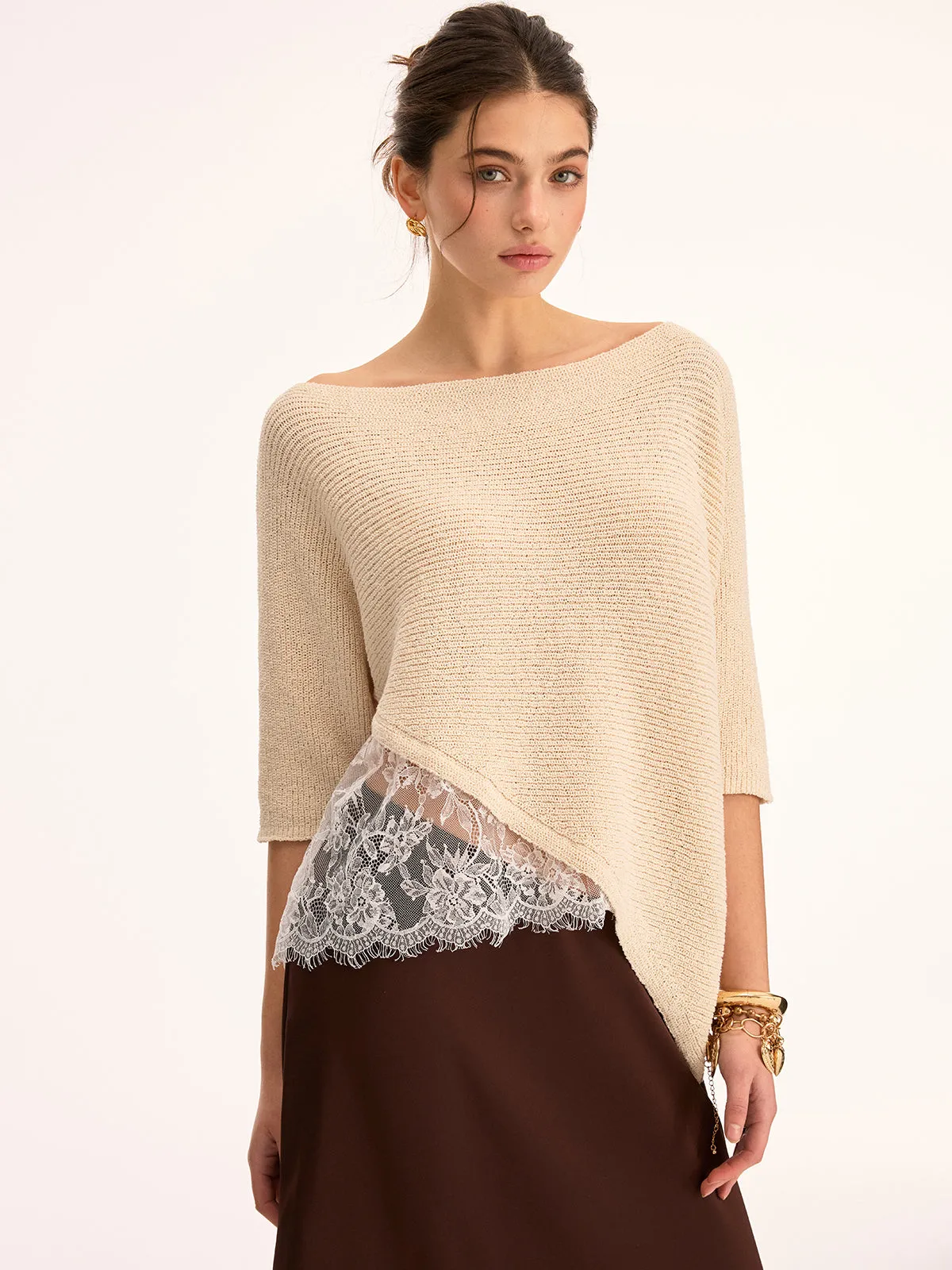 Asymmetrical Lace Trim Boat Neck Knit Top sold by COMMENSE