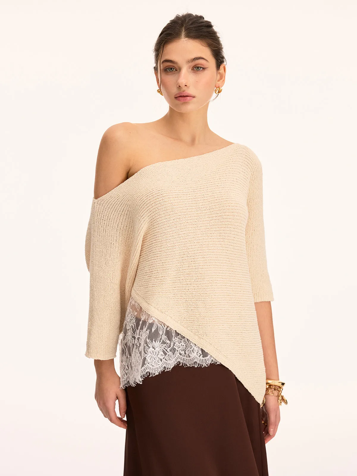 Asymmetrical Lace Trim Boat Neck Knit Top sold by COMMENSE product image thumbnail 5