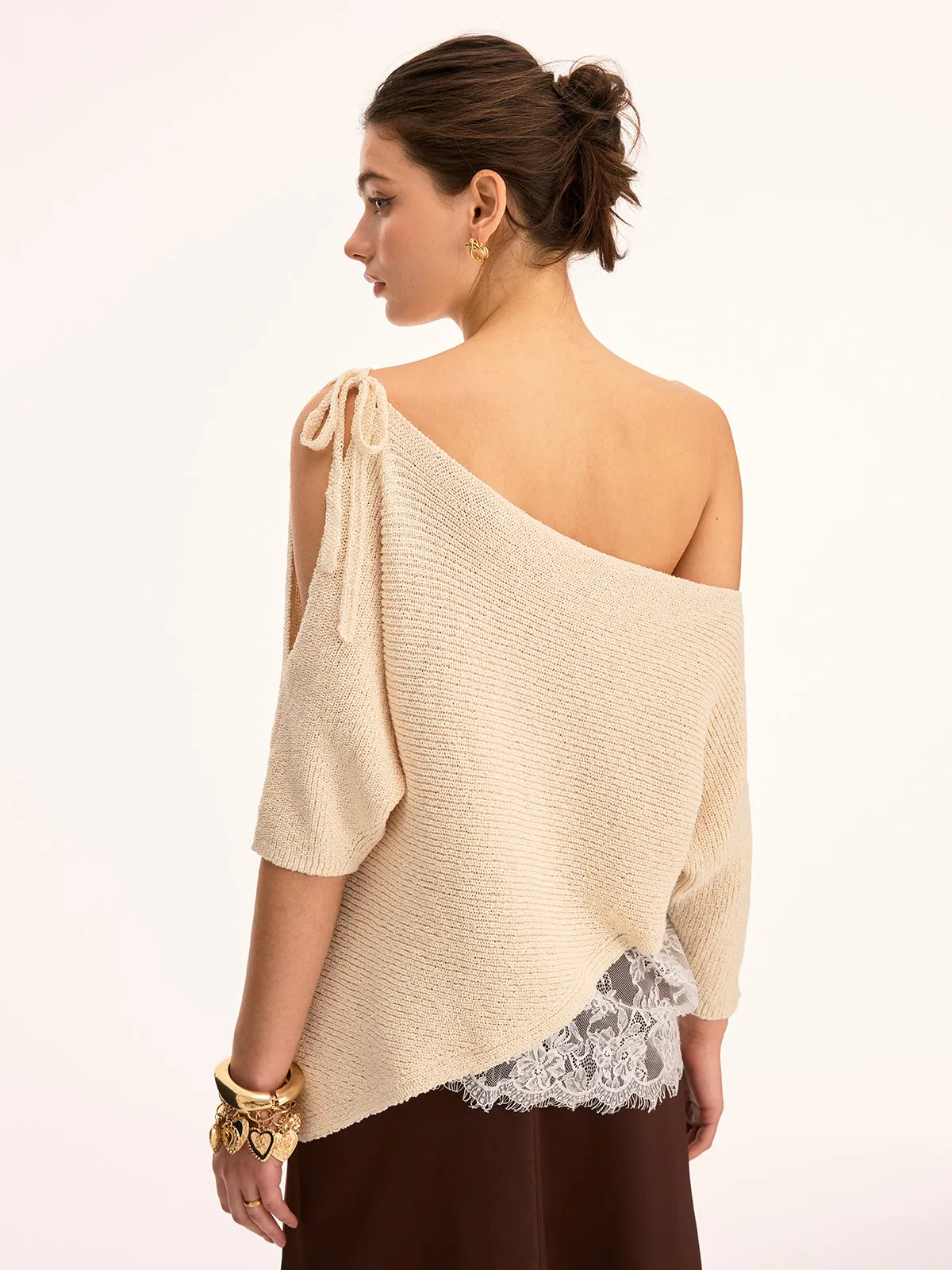 Asymmetrical Lace Trim Boat Neck Knit Top sold by COMMENSE product image thumbnail 2