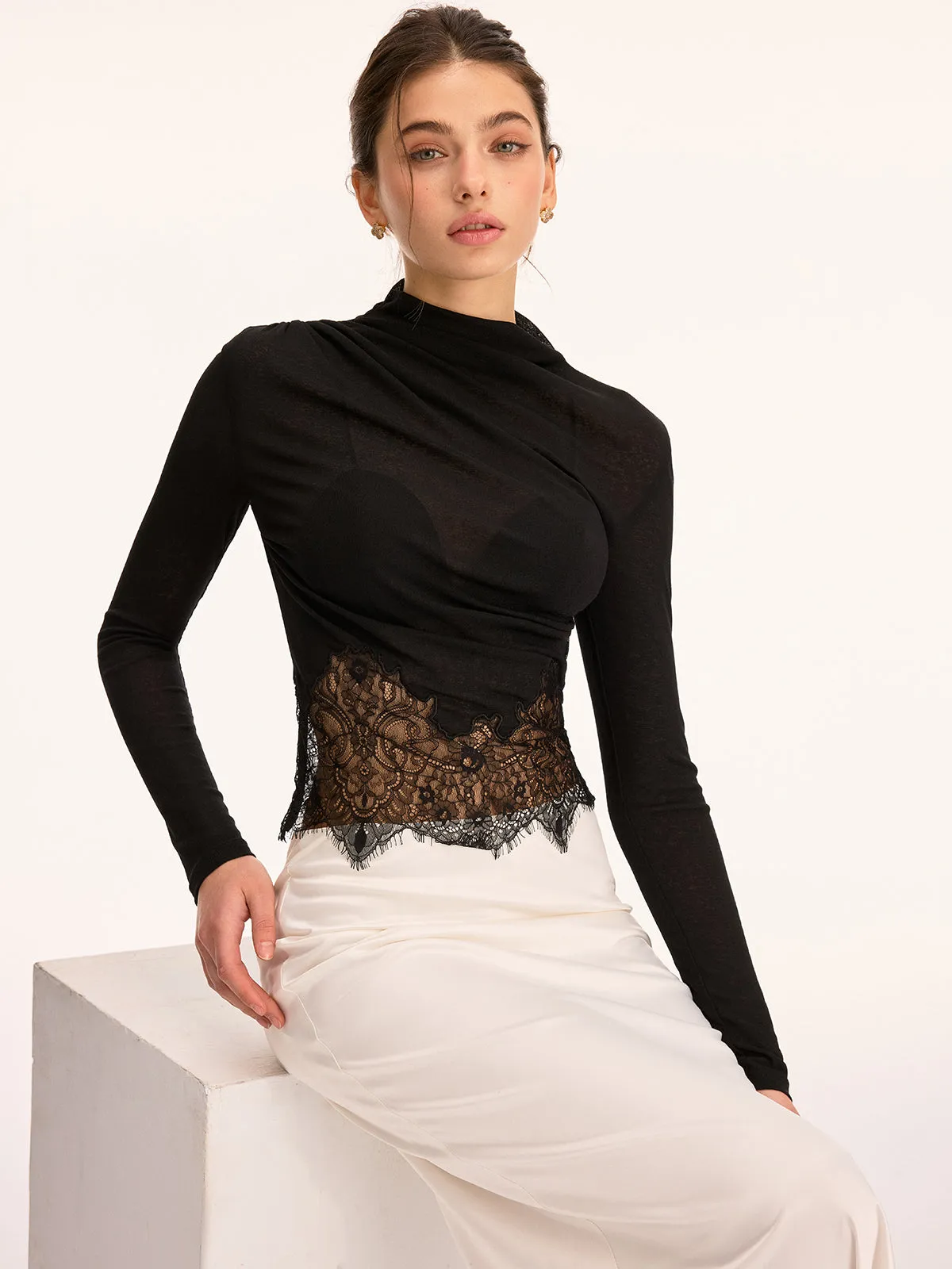Lace Panel High Neck Long Sleeve Knit Top sold by COMMENSE