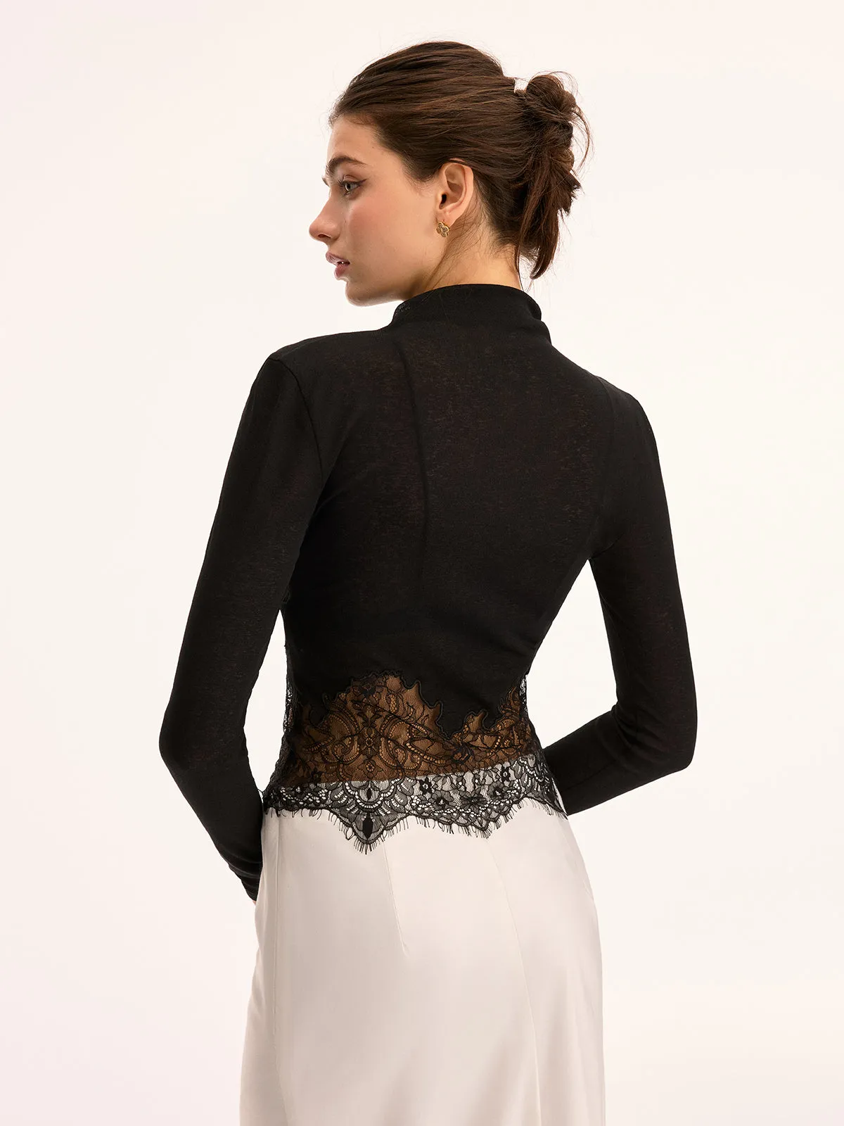 Lace Panel High Neck Long Sleeve Knit Top sold by COMMENSE product image thumbnail 5