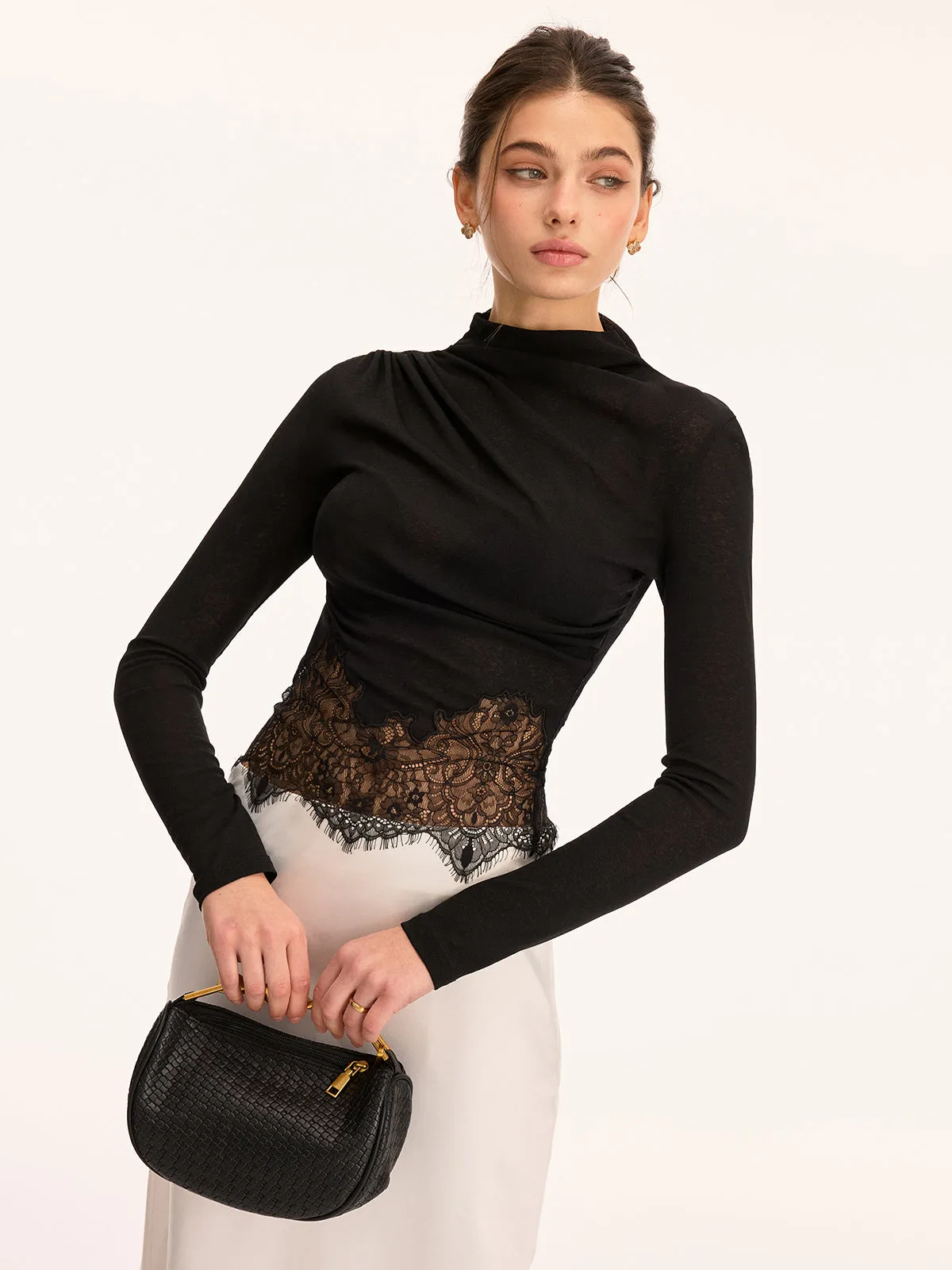 Lace Panel High Neck Long Sleeve Knit Top sold by COMMENSE product image thumbnail 3